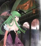  animal_print bare_shoulders bat_print black_leotard breasts cleavage cowboy_shot demon_wings feather_trim green_hair head_wings highleg highleg_leotard large_breasts leotard long_hair lowres mochi_(pixiv53625) moon morrigan_aensland pantyhose parted_lips print_legwear purple_legwear solo vampire_(game) window wings 