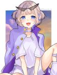  1girl blonde_hair border choker highres hololive hololive_dev_is jacket jacket_on_shoulders kuromame_x3 leg_warmers looking_at_viewer open_mouth outside_border purple_choker purple_eyes purple_hair purple_jacket shirt short_hair short_sleeves shorts solo sunglasses todoroki_hajime todoroki_hajime_(1st_costume) twitter_username two_side_up virtual_youtuber white_border white_leg_warmers white_shirt white_shorts 