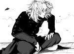  1boy closed_mouth commentary_request desu_(haruhello) fingernails from_side greyscale highres jacket male_focus medium_hair monochrome pants sano_manjirou simple_background sitting solo tokyo_revengers white_background 