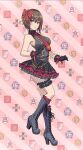  1girl black_boots black_gloves blush boots bow brown_eyes brown_hair commentary_request frilled_skirt frilled_thigh_strap frills full_body girls_und_panzer girls_und_panzer_senshadou_daisakusen! glove_bow gloves hair_bow highres lace-up_boots looking_to_the_side nishizumi_maho official_alternate_costume official_art parted_lips pink_background red_bow short_hair skirt sleeveless standing standing_on_one_leg thigh_strap yamashita_shun'ya 