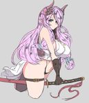  black_gloves blue_eyes braid breasts covered_nipples cropped_legs draph gloves granblue_fantasy grey_background hair_over_one_eye holding holding_sword holding_weapon horns katana large_breasts long_hair looking_at_viewer mason_69 narmaya_(granblue_fantasy) navel pointy_ears purple_hair sheath sheathed simple_background smile solo sword weapon 