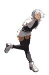  1boy absurdres arms_behind_back black_shirt black_thighhighs blunt_ends colored_eyelashes commentary_request crossdressing crossdressing_(mtf) dark_skin freckles highres iu15236376 jacket leaning_forward leg_up looking_at_viewer male_focus original shirt short_shorts shorts simple_background smile solo standing tan thighhighs trap white_background white_eyelashes white_hair white_jacket white_shorts yellow_eyes zettai_ryouiki 