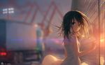  artist_name bangs blue_eyes blurry brown_hair depth_of_field dress fence ground_vehicle highres lamp long_hair looking_at_viewer motor_vehicle optical_core original outdoors pole sky solo sundress swept_bangs truck twilight upper_body wallpaper white_dress wind 