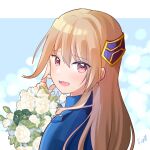  1girl bouquet brown_hair camellia commentary_request flower fuyukusa_1 hair_ornament heaven_burns_red highres holding holding_bouquet long_hair looking_at_viewer open_mouth otome_camellia red_eyes scratching_head shirakawa_yuina upper_body white_flower 