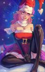  1girl absurdres black_gloves black_thighhighs boutsoftheblind breasts cleavage commentary dragon_girl dragon_horns dragon_tail dress elbow_gloves english_commentary fang gloves grape_(vtuber) hat heart heart-shaped_pupils highres horns indie_virtual_youtuber large_breasts long_hair open_mouth pink_eyes pink_hair pointy_ears purple_horns red_dress santa_costume santa_dress santa_hat short_dress sitting solo symbol-shaped_pupils tail thighhighs virtual_youtuber 