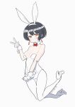 1girl bare_shoulders black_hair blush bow bowtie breasts brown_eyes chang_chin-lan cleavage closed_mouth commentary_request detached_collar earrings gloves high_heels highres jewelry kamiina_botan_yoeru_sugata_wa_yuri_no_hana large_breasts leotard miyakota pantyhose red_bow red_bowtie shoes short_hair simple_background smile solo strapless strapless_leotard white_background white_gloves white_leotard white_pantyhose white_shoes wrist_cuffs 
