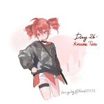  1girl absurdres ahoge airheadmei black_hoodie blush character_name choker closed_mouth drill_hair english_text garter_belt hair_between_eyes hand_on_own_hip highres hood hoodie kasane_teto pale_skin pink_eyes red_hair shorts simple_background sketch smile twin_drills utau white_background white_shorts 