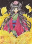  1girl artist_name black_hair blue_sash closed_mouth colored_pencil_(medium) floral_print floral_print_kimono flower green_kimono hair_flower hair_ornament hair_ribbon japanese_clothes kimono layered_kimono long_hair looking_at_viewer obi obiage obijime on_flower original oversized_flower peony_(flower) petals pink_flower print_kimono purple_eyes red_kimono ribbon sash solo standing straight-on suzumame traditional_media very_long_hair yellow_flower yellow_petals 