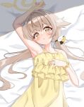  1girl absurdres alternate_costume arm_up armpits bare_shoulders blue_archive blush bow brown_hair collarbone commentary_request dress frilled_dress frills hair_between_eyes hair_bow hair_ornament hair_spread_out halo hand_on_own_chest hand_up head_tilt hifumi_(blue_archive) highres long_hair looking_at_viewer low_twintails lying on_back on_bed parted_lips polka_dot polka_dot_dress scrunchie sleeveless sleeveless_dress solo spaghetti_strap twintails upper_body very_long_hair wing_hair_ornament winged_halo wrist_scrunchie yellow_bow yellow_dress yellow_eyes yellow_halo yellow_pupils yellow_scrunchie yoshino_sakura_(0db5t510388113n) 