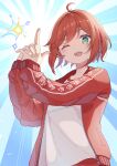  1girl absurdres ahoge aogiri_koukou blue_background blush commentary_request finger_gun gorirasaru440 green_eyes gym_uniform highres ishikari_akari jacket long_sleeves official_alternate_costume one_eye_closed open_clothes open_jacket open_mouth red_hair red_jacket ringed_eyes shirt short_hair solo sunburst sunburst_background track_jacket upper_body v-shaped_eyebrows virtual_youtuber white_shirt 