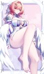  1girl 1z10 absurdres bare_legs barefoot border breasts cleavage commentary_request detached_sleeves dress feathered_wings feet highres large_breasts legs looking_at_viewer medium_hair panties pink_hair purple_eyes remielle_dan short_dress simple_background solo thighs toes underwear white_border white_dress white_panties white_wings wings zenless_zone_zero 