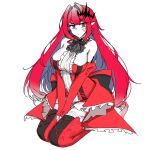  1girl baobhan_sith_(fate) baobhan_sith_(first_ascension)_(fate) bare_shoulders breasts cleavage commentary detached_sleeves dress english_commentary english_text fate/grand_order fate_(series) grey_eyes highres kneeling large_breasts long_hair looking_at_viewer pointy_ears red_dress red_hair red_thighhighs simple_background solo thighhighs vemus_01 white_background 