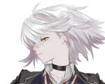  1girl black_choker black_jacket blue_cardigan cardigan choker collarbone commentary_request earrings fate/grand_order fate_(series) highres jacket jeanne_d'arc_alter_(fate) jewelry kana_cat looking_to_the_side official_alternate_costume pseudo-tokyo_school_uniform school_uniform short_hair simple_background white_background white_hair wind yellow_eyes 