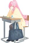  1girl absurdres aemeath_(wuthering_waves) ahoge arm_out_of_sleeve arm_rest bag black_pantyhose black_shoes blue_bag blue_collar blue_skirt circles_pen closed_mouth collar commentary desk elbow_on_table elbow_rest food full_body hair_ornament head_on_hand head_rest high_ponytail highres jacket long_hair long_sleeves looking_at_viewer one_eye_closed open_clothes open_jacket orange_eyes pantyhose parted_bangs pink_hair pleated_skirt ponytail shoes simple_background sitting skirt solo star_(symbol) star_in_eye symbol_in_eye tray very_long_hair white_background wing_hair_ornament wuthering_waves yellow_jacket 