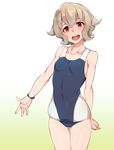  :d atra_mixta bad_id bad_pixiv_id bare_shoulders bracelet breasts brown_hair collarbone competition_swimsuit covered_navel gradient gradient_background gundam gundam_tekketsu_no_orphans highres jewelry kurowa one-piece_swimsuit open_mouth red_eyes shiny shiny_hair short_hair skindentation small_breasts smile solo swimsuit translucent_hair 