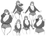  1girl absurdres blush bob_cut breasts camera cleavage clenched_hand collarbone commentary ear_piercing english_commentary erkaz full_body gigantic_breasts hand_on_own_thigh headband high_heels highres holding holding_camera huge_breasts lips looking_at_viewer looking_to_the_side medium_hair monochrome multiple_persona multiple_views one_eye_closed open_mouth original outstretched_arm outstretched_arms parted_lips piercing recording rina_atherina shoes shorts simple_background solo teeth tight_clothes v white_background wide_hips 