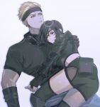  1boy 1girl absurdres black_gloves black_headband black_shirt black_shoes blonde_hair blue_eyes brown_eyes cid_highwind closed_mouth crop_top feet_out_of_frame final_fantasy final_fantasy_vii final_fantasy_vii_remake final_fantasy_vii_revelation fingerless_gloves girl_on_top gloves goggles goggles_around_neck grey_background hand_on_another's_back headband highres lying_on_person ninyunyan official_alternate_costume shirt shoes short_hair short_sleeves yuffie_kisaragi 