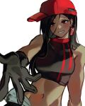 0916psy baseball_cap black_eyes black_gloves black_hair commentary crop_top earrings gloves grin hat highres jewelry long_hair navel red_pupils smile synthesizer_v toned toned_female untranslatable_commentary yi_xi_(synthesizer_v) 