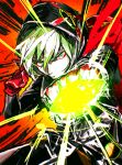  1boy attacking_viewer bad_id bad_tumblr_id black_coat clenched_hand coat eyeshadow eyeshadow_under_eye fate/grand_order fate_(series) gloves green_eyes green_hair hair_between_eyes hood hood_up ikapnmn2 karna_(fate) karna_(santa)_(fate) long_sleeves looking_at_viewer makeup male_focus punching punching_viewer red_background red_eyeshadow red_gloves short_hair solo 