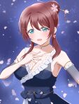  1girl absurdres aheaheliveman aqua_eyes black_dress blush breasts brown_hair collarbone commentary_request dress emma_verde flower hair_between_eyes hair_flower hair_ornament highres jewelry looking_at_viewer love_live! love_live!_nijigasaki_high_school_idol_club necklace open_mouth pink_flower purple_background sidelocks smile solo upper_body 