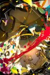  1girl beret black_corset black_hat black_thighhighs blonde_hair blood blood_splatter colorful corset drill_hair gun hat highres light_particles magical_girl magical_musket_(madoka_magica) mahou_shoujo_madoka_magica mahou_shoujo_madoka_magica_(anime) oda_kogane parted_bangs parted_lips ribbon shade shirt skirt solo sparkle thighhighs tomoe_mami tomoe_mami_(magical_girl) twin_drills upside-down weapon white_shirt wide-eyed yellow_eyes yellow_ribbon yellow_skirt yellow_trim 
