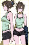  :3 agent_choi black_eyes black_panties blue_pupils blush border breasts brown_hair camisole chinese_text claw_hair_clip cowboy_shot crop_top denim denim_shorts from_side genderswap genderswap_(mtf) gwechul hair_ornament hairclip highres holding holding_unworn_clothes holding_unworn_jacket jacket kalecac1 layered_clothes medium_breasts medium_hair micro_shorts midriff multiple_views navel outline panties panty_peek scar scar_on_arm scar_on_leg scar_on_neck shorts sidelocks simple_background thong thong_panties undershirt underwear unworn_clothes unworn_jacket updo 