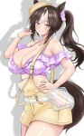  1girl animal_ears blush boater_hat breasts brown_hair cleavage commentary_request hand_on_own_hip hat highres hokko_tarumae_(pastel_marine_locadol)_(umamusume) hokko_tarumae_(umamusume) horse_ears horse_girl horse_tail jewelry large_breasts long_hair looking_at_viewer multicolored_hair necklace official_alternate_costume official_alternate_hairstyle open_mouth overall_skirt overalls pocotas purple_eyes side_ponytail smile solo swimsuit tail tilted_headwear umamusume yellow_hat yellow_overalls 