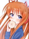  1girl blue_eyes blue_jacket blush commentary food food_in_mouth from_side hair_ribbon hand_up highres holding holding_food jacket kanon long_hair long_sleeves looking_at_viewer megurunakata orange_hair red_ribbon ribbon sawatari_makoto simple_background solo steamed_bun straight_hair transparent_background two_side_up upper_body v-shaped_eyebrows very_long_hair 
