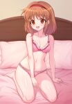  1girl :d absurdres arm_at_side barefoot between_legs blush bow bow_bra bra breasts brown_hair clanney cleavage collarbone commentary_request commission full_body hair_between_eyes hairband hand_between_own_legs highres indoors kanon kneeling lace-trimmed_bra lace-trimmed_panties lace_trim looking_at_viewer medium_hair navel on_bed open_mouth panties pillow pink_bow pink_bra pink_panties pixiv_commission red_eyes red_hairband shiny_skin small_breasts smile solo stomach tareme teeth thighs tsukimiya_ayu underwear underwear_only upper_teeth_only 