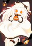  ahoge blurry depth_of_field dress enemy_aircraft_(kantai_collection) halloween hat highres horns kantai_collection kikyou_(kiss-shot) long_hair looking_at_viewer mittens northern_ocean_hime orange_eyes shinkaisei-kan solo white_dress white_hair white_skin witch_hat 