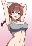  1girl :d absurdres arm_up armpits bare_arms blue_eyes blush bra braid breasts brown_hair cleavage commentary_request emma_verde freckles gradient_background grey_bra hair_between_eyes highres large_breasts looking_at_viewer love_live! love_live!_nijigasaki_high_school_idol_club low_twin_braids mikage_raishin navel open_mouth pink_background presenting_own_armpit sidelocks simple_background smile solo stretching twin_braids underwear 