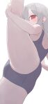  1girl armpits bare_arms bare_legs bare_shoulders blush breasts commentary foreshortening from_side grey_hair hair_between_eyes highleg highres hiroki_(yyqw7151) holding_own_leg leg_up legs_up leotard long_hair looking_at_viewer one-piece_swimsuit original red_eyes school_swimsuit simple_background soles solo split standing standing_on_one_leg standing_split swimsuit thighs white_background 