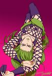  character_name fishnets gradient gradient_background green_hair green_lipstick grok hat hat_removed headwear_removed jojo_no_kimyou_na_bouken lipstick long_hair lying makeup male_focus narciso_anasui on_back purple_eyes solo thighhighs 
