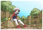  1girl bag black_eyes black_trim blue_overalls blue_sky border bow brown_hair charm_(object) closed_mouth commentary day english_commentary full_body hat hat_bow hat_ribbon highres in-universe_location kyyubea long_sleeves looking_to_the_side lyra_(pokemon) newsboy_cap outdoors overalls pokemon pokemon_heartgold_and_soulsilver red_bow red_ribbon red_shirt red_shoes ribbon rubble ruins shirt shoes sidelocks sitting sky solo sunkern thighhighs tree twintails unown unown_a unown_b unown_e unown_p unown_s unownglyphics white_border white_hat white_thighhighs yellow_bag 