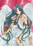  1girl angel_wings bare_shoulders braid color_ink_(medium) dress flower frilled_dress frills jewelry long_hair original pink_background pink_eyes rose solo suzumame traditional_media twin_braids watermark white_dress wings 