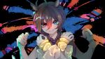  1girl agnes_tachyon_(tach-nology)_(umamusume) agnes_tachyon_(umamusume) ahoge animal_ears black_background black_necktie black_shirt blue_eyes brown_hair chimera_(vocaloid) closed_mouth collared_shirt commentary_request crossed_arms extra_arms hair_between_eyes hands_on_own_shoulders heterochromia highres holding holding_vial horse_ears horse_girl long_bangs long_sleeves looking_at_viewer necktie paint_splatter red_eyes shirt short_hair smile solo sweater u4r1a3 umamusume upper_body vial yellow_sweater 