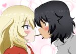  2girls andou_(girls_und_panzer) black_hair blonde_hair blue_eyes blush commentary_request dark-skinned_female dark_skin eye_contact food girls_und_panzer grey_shirt grey_sweater heart looking_at_another multiple_girls oshida_(girls_und_panzer) pocky pocky_kiss red_shirt shirt sweater takeuchi_shin turtleneck turtleneck_sweater yuri 