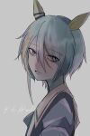  1girl absurdres animal_ears blue_eyes blue_hair blue_shirt commentary_request ear_covers eyes_visible_through_hair grey_background hair_between_eyes highres horse_ears horse_girl k.s.miracle_(umamusume) long_bangs looking_at_viewer open_mouth school_uniform shirt short_hair simple_background smile solo tracen_school_uniform u4r1a3 umamusume upper_body 