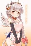  angel_wings apron apron_tug black_gloves blush bow braid brown_eyes detached_collar earrings elbow_gloves frilled_apron frills gloves grey_hair hair_bow heart_apron jewelry light_valkyrie_(p&amp;d) looking_at_viewer marshmallow_mille puzzle_&amp;_dragons smile solo tiara translated tri_braids twitter_username valkyrie_(p&amp;d) wings 