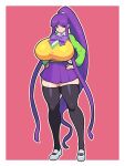  1girl adnycart blunt_bangs border bow bowtie breasts commentary commentary_typo commission curvy eiken english_commentary full_body gigantic_breasts hands_on_own_hips highres long_hair misono_kirika pink_background ponytail purple_bow purple_bowtie purple_eyes purple_hair school_uniform sidelocks sideways_glance simple_background skindentation skirt smile solo standing sweater sweater_vest thick_thighs thighhighs thighs very_long_hair white_border yellow_sweater_vest zashono_academy_school_uniform zettai_ryouiki 