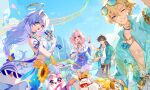  2boys 2girls :d absurdres alternate_costume alternate_hairstyle antenna_hair aqua_shirt aqua_streaks arm_ribbon armband aventurine_(honkai:_star_rail) bandana bandana_around_neck belt bikini bird black_hat black_pants blonde_hair blue-tinted_eyewear blue_bikini blue_dress blue_eyes blue_sarong blue_skirt boat bottle bra_strap bracelet braid building choker cloud cowboy_shot crossed_bangs dan_heng_(honkai:_star_rail) double-parted_bangs dress drink earclip earrings elf_exar eyewear_on_head facial_hair falling_petals flower flower_hairclip food french_fries green_eyes guitar hair_between_eyes hair_intakes hair_ornament hair_over_shoulder hat hat_on_back head_wings highres holding holding_bottle holding_drink holding_guitar holding_instrument holding_microphone honkai:_star_rail honkai_(series) instrument jacket jewelry long_bangs long_hair low-braided_long_hair low-tied_long_hair low_twin_braids march_7th_(honkai:_star_rail) medium_hair microphone multicolored_bikini multicolored_eyes multicolored_hair multiple_boys multiple_bracelets multiple_chokers multiple_earrings multiple_girls multiple_necklaces musical_note musical_staff necklace official_alternate_costume official_alternate_hairstyle one_eye_closed open_clothes open_jacket open_shirt outdoors pants peacock_feathers petals pink_eyes pink_hair purple_hair railing ribbon ribbon_earrings robin_(honkai:_star_rail) robin_(summeretto)_(honkai:_star_rail) sailboat sailor_hat sarong sash shirt short_hair side_braid single_earring skirt skyline skyscraper smile soda_bottle stomach streaked_hair summer sunflower sunglasses sweatpants swimsuit thigh_strap tinted_eyewear twin_braids two-tone_bikini two-tone_dress two-tone_eyes two-tone_sarong very_long_hair very_short_hair waist_sash water watercraft white_bikini white_dress white_flower white_pants white_sarong white_shirt white_skirt white_wings wings yellow-framed_eyewear yellow_armband yellow_belt yellow_flower 