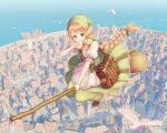  1girl 3d_background absurdres animal apron bag bird blender_(medium) blue_eyes bow braid braided_ponytail broom broom_riding brown_shoes city cityscape commentary_request dock dress eating fantasy food food_in_mouth frilled_apron frilled_dress frills from_above full_body green_bow green_dress green_headscarf hair_bow headscarf highres holding holding_food holding_sandwich leather_bag long_hair looking_at_viewer masaki_mao messenger_bag mixed_media neckerchief ocean orange_hair original puffy_short_sleeves puffy_sleeves sandwich shoes short_sleeves shoulder_bag solo very_long_hair white_apron white_bird witch yellow_neckerchief 