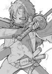  1boy absurdres arm_up belt belt_buckle buckle buttons coat cowboy_shot curtained_hair dirty dirty_clothes greyscale guilty_gear guilty_gear_strive highres holding holding_sword holding_weapon humanoid_robot katana lapels male_focus monochrome open_clothes open_coat pants rkrk_rkgk robo-ky robot scabbard sheath short_hair signature solo sword sword_in_mouth thigh_belt thigh_strap torn_clothes very_short_hair weapon 