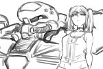  1girl 1other :| camisole choker closed_mouth commentary_request expressionless gundam gundam:_hathaway's_flash hala_morley looking_at_viewer mecha mechanical_cyclops_eye mechanical_eyes messer_(mobile_suit) mobile_suit monochrome one-eyed_mecha qta-2019 robot science_fiction simple_background tank_top twintails 