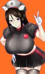  belmina black_skirt blue_eyes breasts brown_hair commentary_request garter_straps girls_und_panzer gloves hand_on_own_hip hat heart highres l_hand large_breasts looking_at_viewer miniskirt nonna_(girls_und_panzer) nurse nurse_cap official_alternate_costume orange_background parted_lips pleated_skirt puffy_sleeves short_hair skirt thighhighs white_gloves 