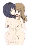  ass asymmetrical_docking back blue_hair braid breast_press breasts brown_eyes brown_hair caryo collarbone fang furutani_himawari hair_ornament hairband hairclip large_breasts multiple_girls nanashino navel no_pussy nude oomuro_sakurako open_mouth short_hair sweatdrop twin_braids yuri yuru_yuri 