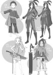  1girl 2boys :d aged_down aldebaran_(re:zero) alternate_costume barefoot boots braid cape dress flower gloves greyscale hair_ornament hair_over_one_eye hand_on_own_hip hat hat_feather highres long_hair looking_at_viewer medium_o'connell monochrome multiple_boys multiple_views natsuki_subaru natsumi_schwarz novel_illustration official_art ootsuka_shin'ichirou open_mouth pants pirate_hat re:zero_kara_hajimeru_isekai_seikatsu scar scar_on_face sheath sheathed short_hair smile standing sword third-party_source weapon 