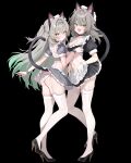  2girls :d absurdres animal_ears apron aqua_pupils ass black_background black_choker black_shirt black_shoes black_skirt breasts bright_pupils brown_hair butt_crack cat_ears cat_girl cat_tail choker cleavage colored_inner_animal_ears crop_top cropped_shirt firefly_(honkai:_star_rail) frilled_shirt_collar frills full_body garter_straps gradient_eyes green_hair grey_shirt grey_skirt hair_intakes hairband high_heels highres honkai:_star_rail honkai_(series) kiro_(kirotayu) large_breasts long_hair looking_at_viewer looking_to_the_side maid miniskirt multicolored_eyes multiple_girls open_mouth panties pantyshot pleated_skirt puffy_short_sleeves puffy_sleeves shirt shoes short_sleeves simple_background skirt smile standing stelle_(honkai:_star_rail) stiletto_heels tail thighhighs trailblazer_(honkai:_star_rail) turning_head unconventional_maid underwear very_long_hair waist_apron white_apron white_garter_straps white_panties white_thighhighs yellow_eyes 