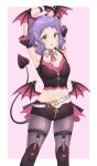  1girl :o armpits arms_up belt black_gloves black_shorts border breasts commentary_request demon_tail demon_wings feet_out_of_frame fishnet_pantyhose fishnets gloves hanamasa_ono head_wings highres idolmaster idolmaster_million_live! idolmaster_million_live!_theater_days looking_at_viewer low_wings makabe_mizuki monster!_devil_(idolmaster) navel official_alternate_costume outside_border pantyhose pink_background pink_gloves pink_wings purple_hair short_hair short_shorts shorts solo standing tail two-sided_gloves white_belt white_border wings yellow_eyes 