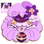  1girl artist_name ascot beret bow braid closed_eyes commentary dark-skinned_female dark_skin dollsandlambs dress english_commentary eyeliner frilled_ascot frills hat hat_bow highres jacinthe_(pokemon) low_drills luxury_ball makeup outline poke_ball pokemon pokemon_legends:_z-a purple_bow purple_dress purple_eyeliner purple_hat reference_inset smile solo very_dark_skin very_long_braid yellow_bow yellow_outline 